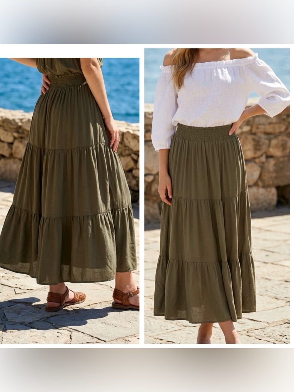 NEW Women’s Sz L Olive green Boho Cottagecore Tiered Maxi Skirt - Smocked Waist
